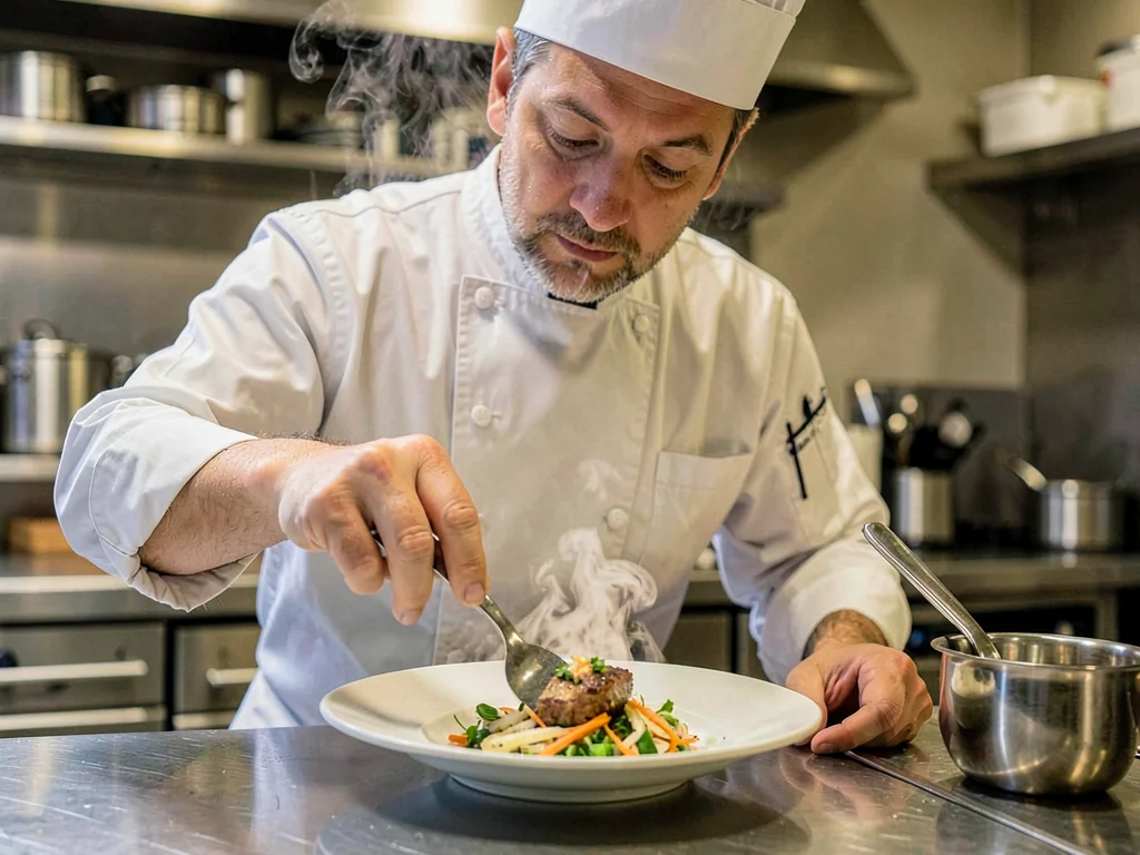 Chef plating dish with steam rising