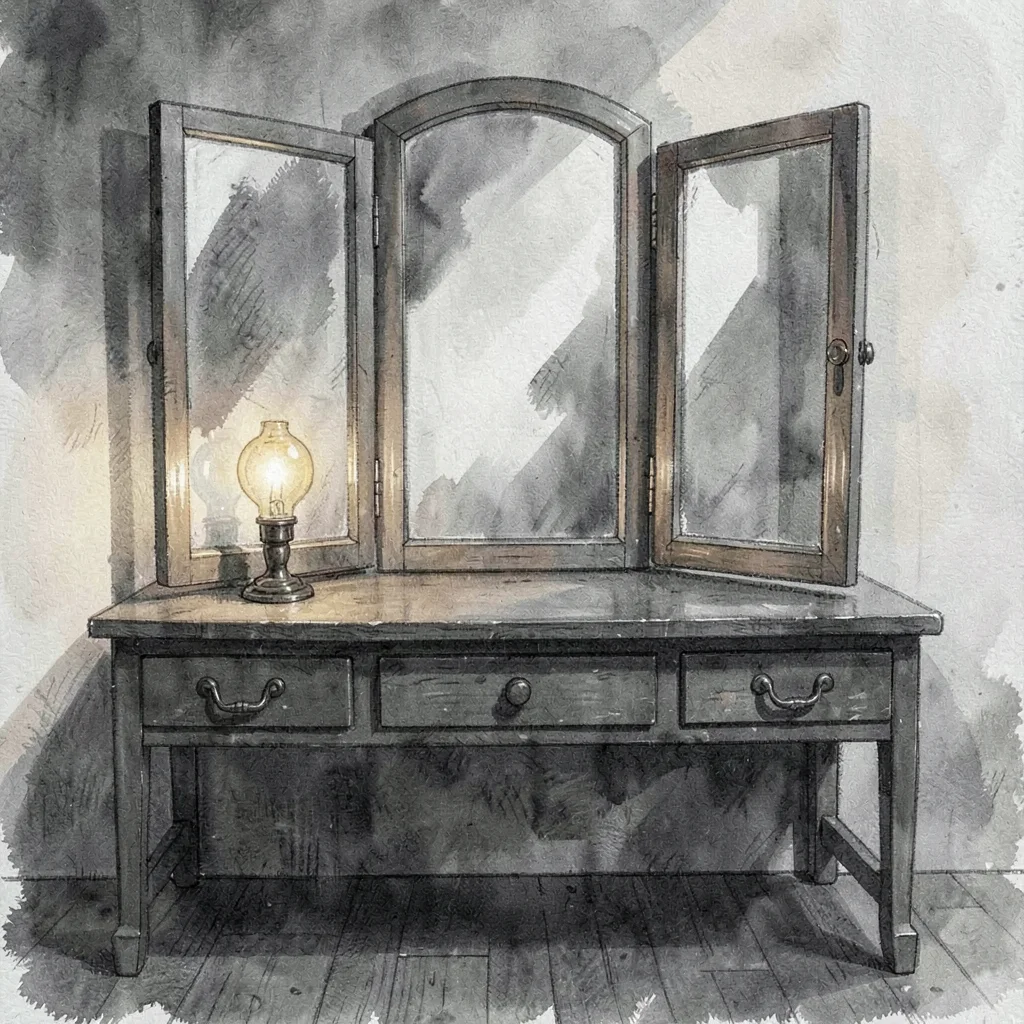 Charcoal-mood of a stepped vanity with a triptych mirror, single warm bulb pooli