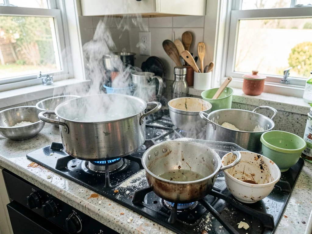Pot overflowing on chaotic stovetop