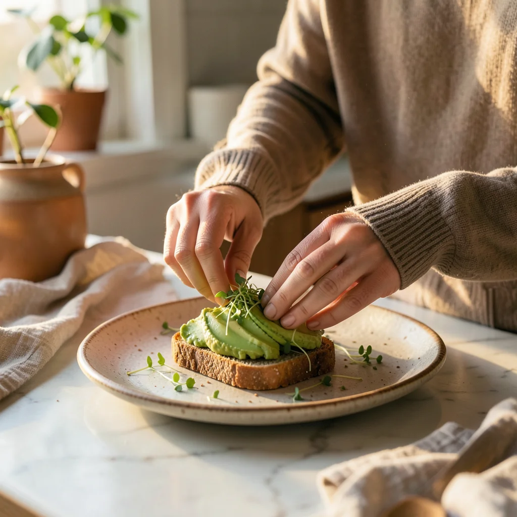 Hands arranging sliced avocado on sourdough toast with microgreens, rustic ceram