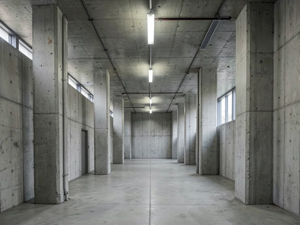 A civic center corridor — heroic concrete columns and low natural light from nar