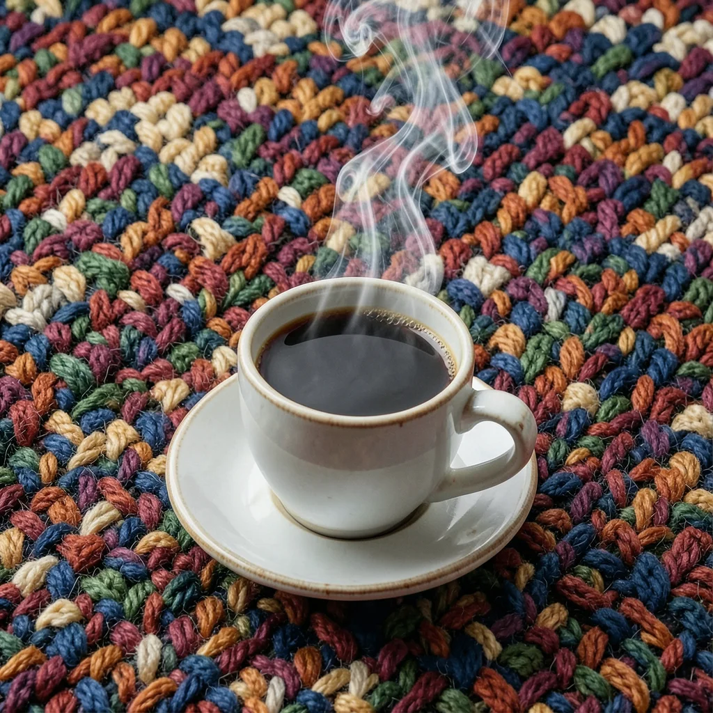 A coffee cup on a saucer with steam rising, the steam depicted as loose white fi