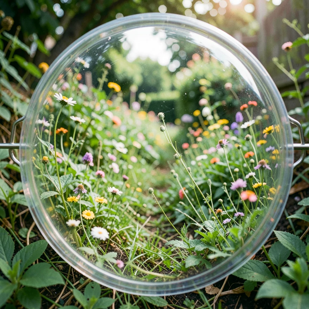 Overgrown garden through plastic lens, weeds and flowers equally soft and equal,
