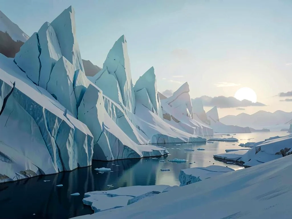 Pale dawn light skims the tops of seracs in soft cyan, lower flanks held in deep