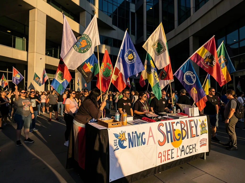 Flag vendor at pride event with variety of community flags displayed