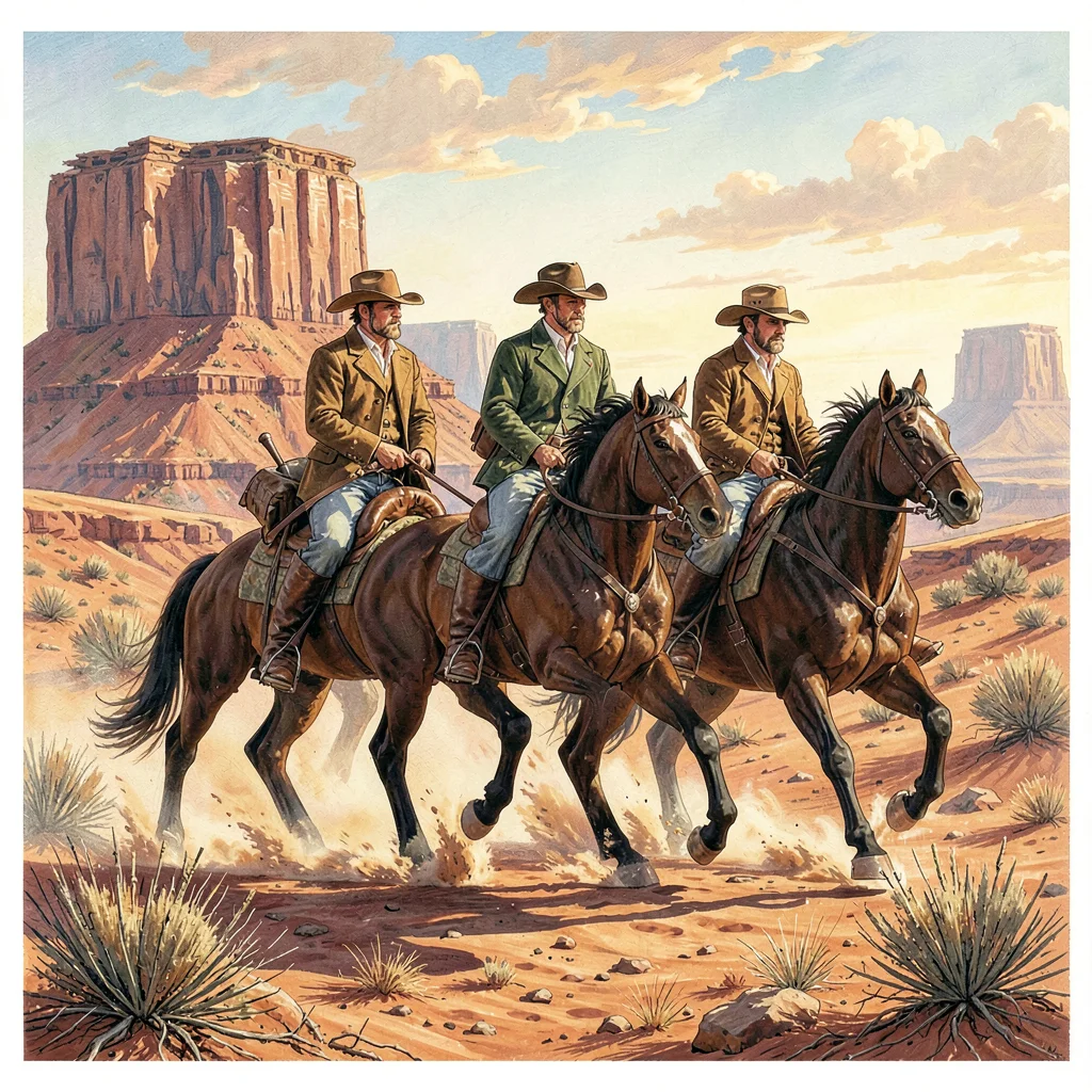 Cowboys riding across desert mesa