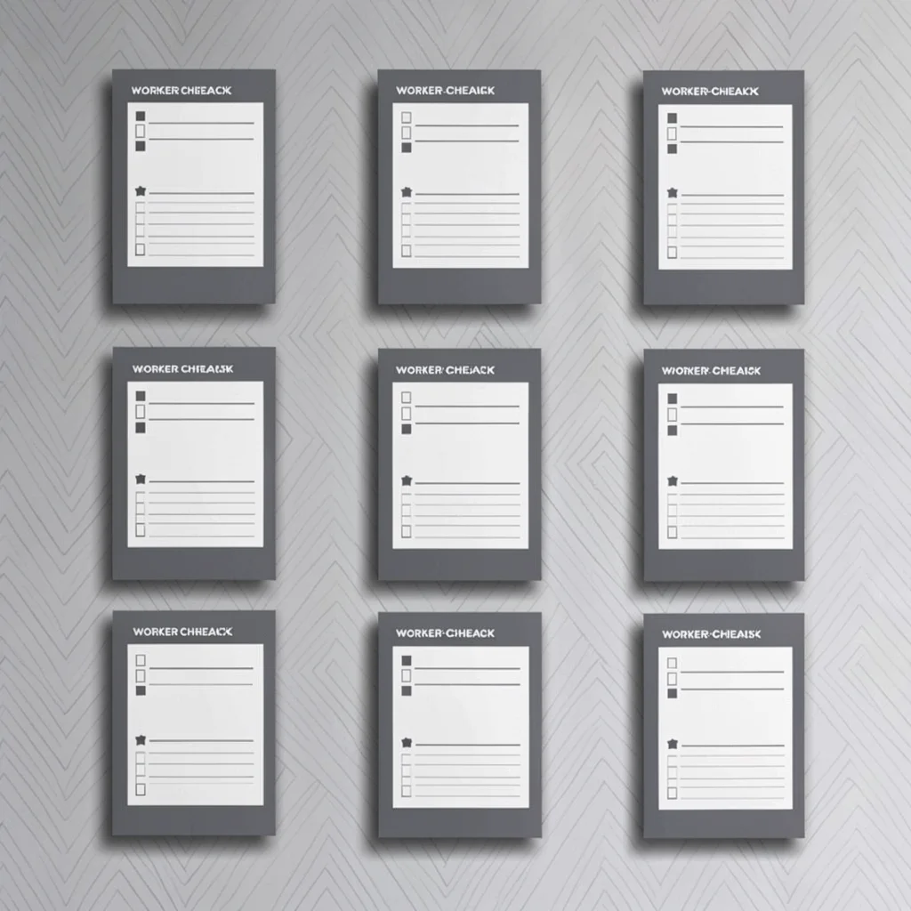 A 3x4 grid of twelve small worker-checklist mockups in slate and bone, gentle dr