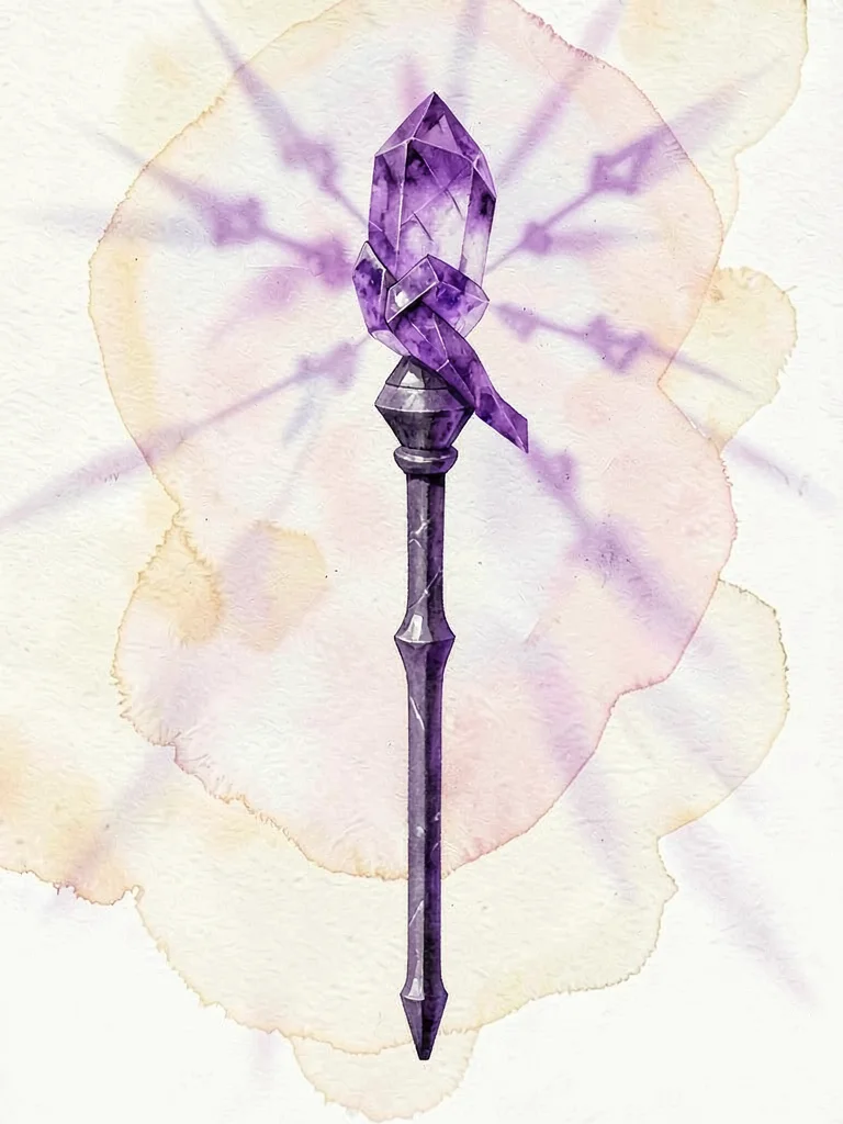 Single amethyst lowpoly wizard staff topped with a knot of violet faceted crysta
