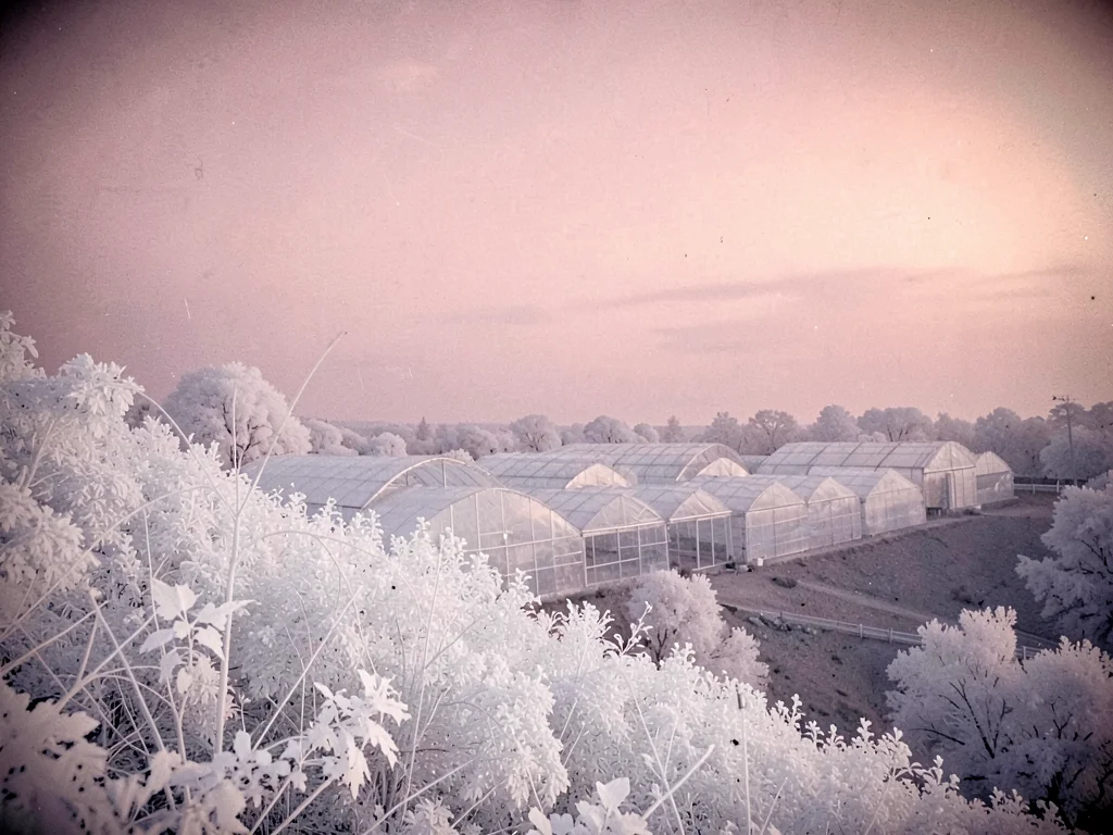 Row of greenhouses on a hillside seen from a distance, glowing pale silver again
