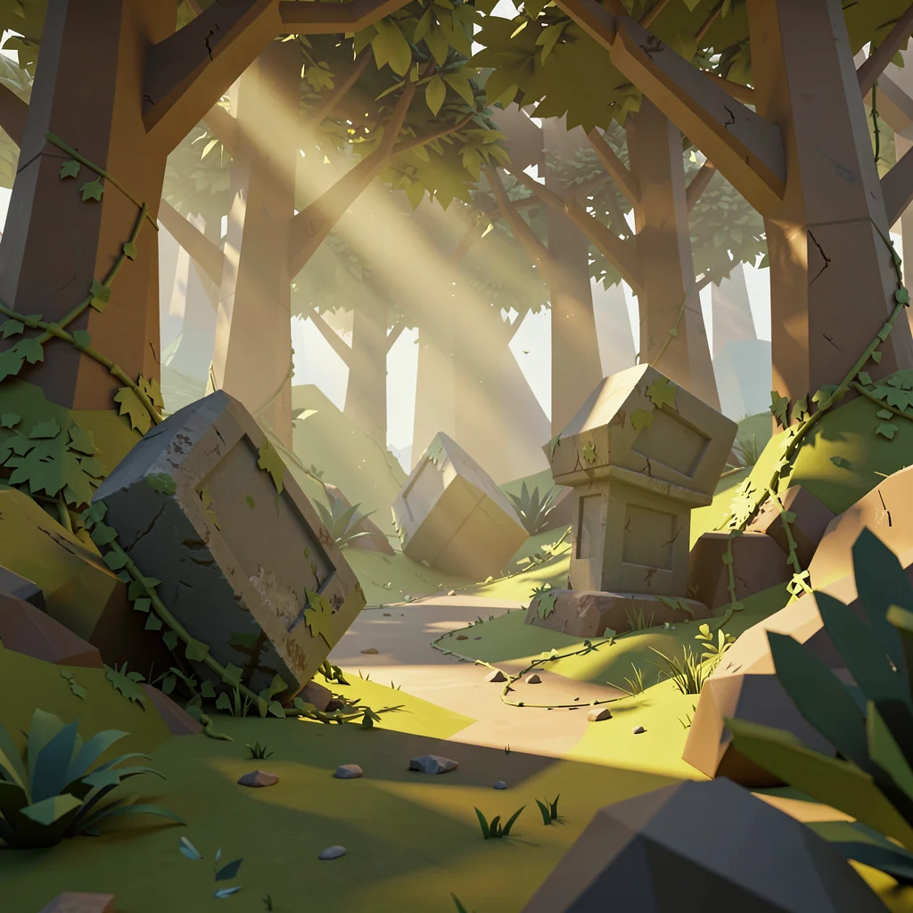 Forest shrine stones tilted at uncertain angles in a mossy grove with golden bea