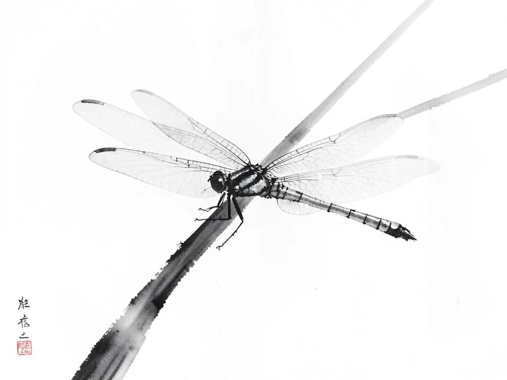 Dragonfly resting on a reed, wings barely indicated in pale grey wash