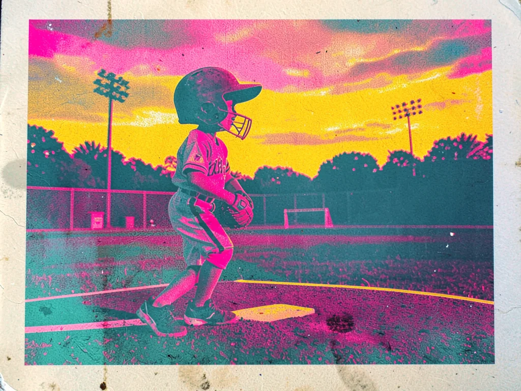 Little league field at golden hour with a kid in oversized batting helmet steppi