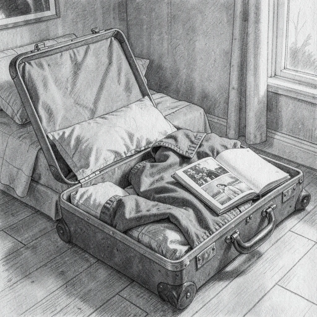 Charcoal interior plate of a bedroom packed in a hurry, suitcase open, photo alb