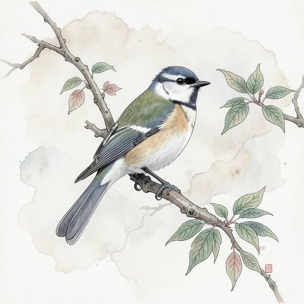 Bird on branch — bird is photograph, branch and leaves are embroidered