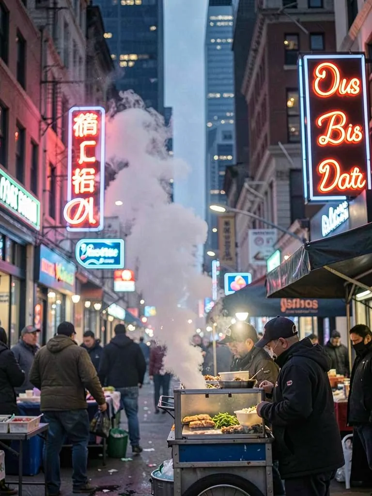 Food vendor steam rising into neon signs three blocks away, compression making f