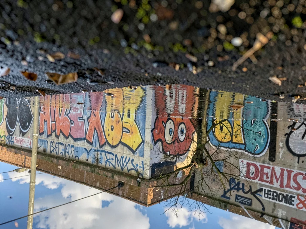 Graffiti wall reflected in puddle