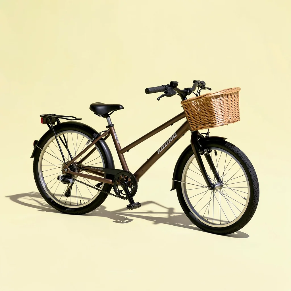 Bold flat-color hero of a city bike with wicker basket isolated on a butter-yell
