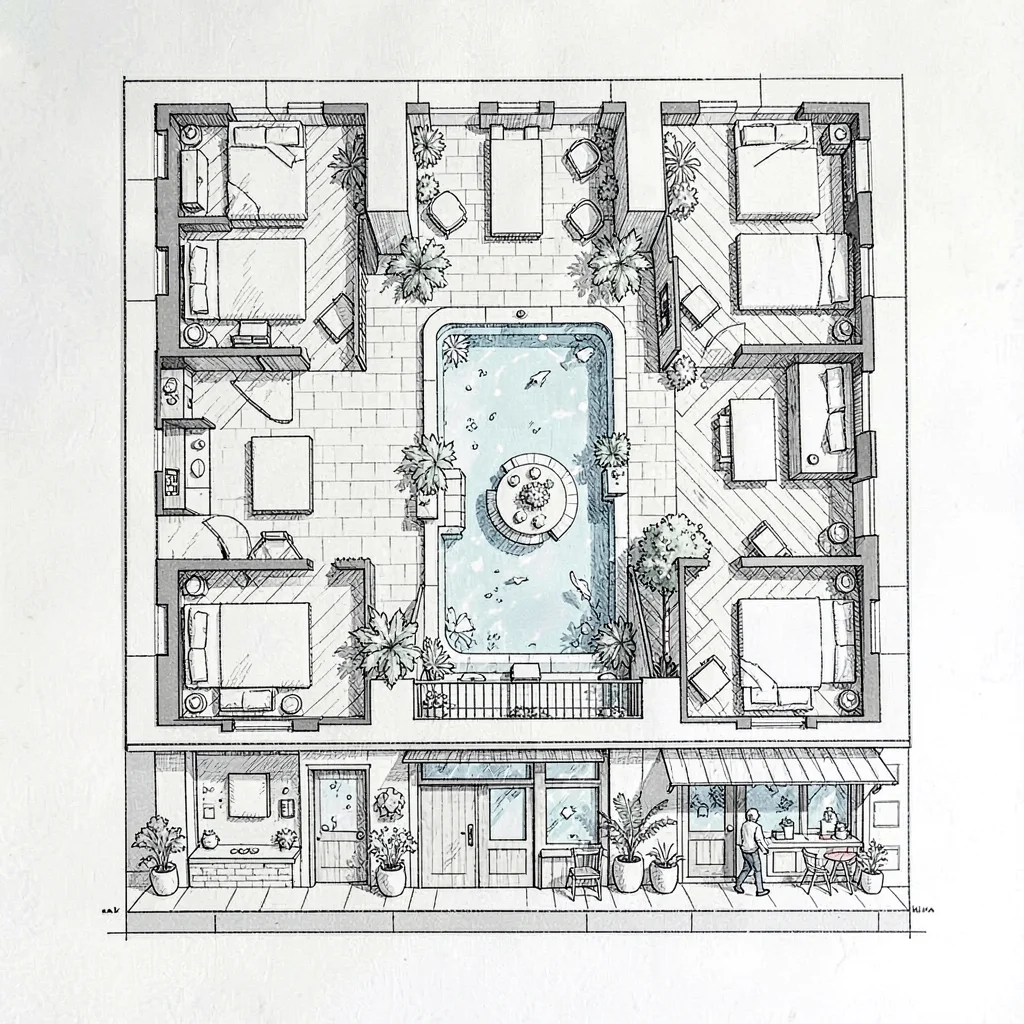 A boutique-hotel floor plan with rooms ringing an interior courtyard pool, a roo