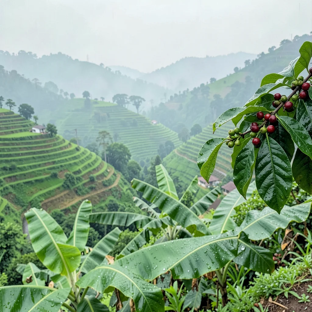 Emerald green hills through morning mist in Kigali, Rwanda, Coffee cherries on b