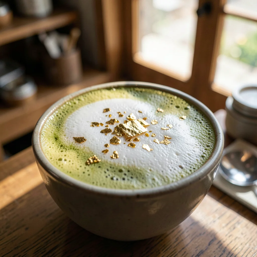 Kanazawa gold leaf craft, extreme delicacy, gold leaf fragments on matcha latte 