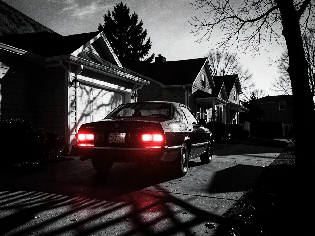 Car backing out of driveway, brake lights glowing red, mysterious departure at d