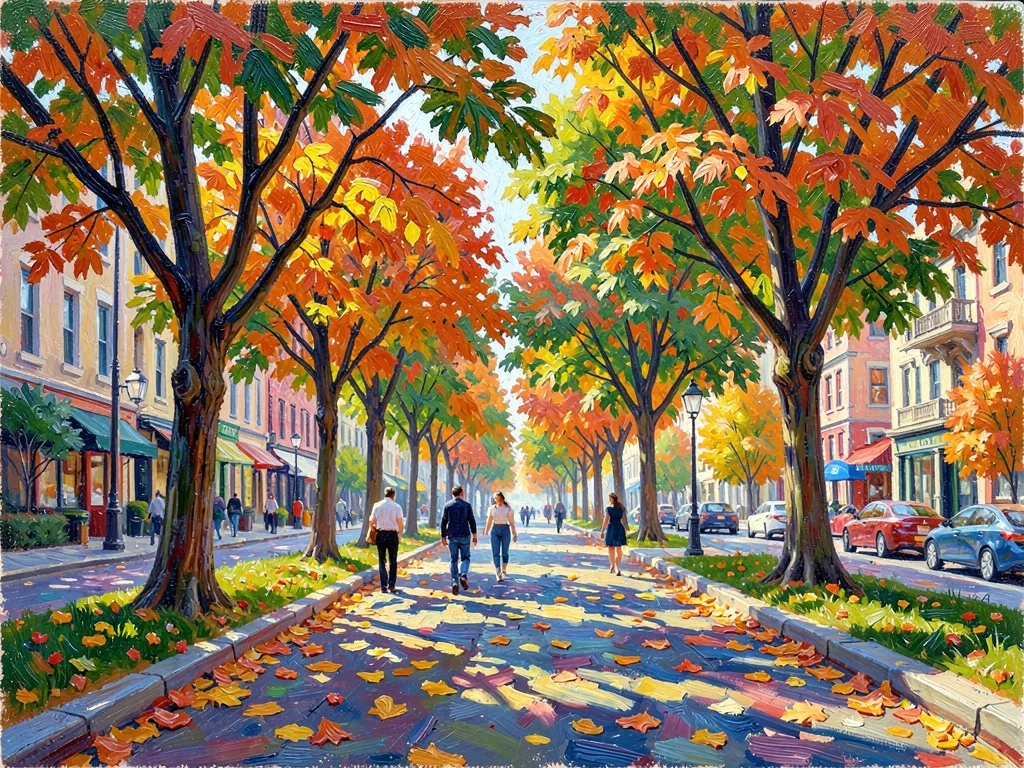 Chestnut tree avenue in a city park, figures walking in the broken light