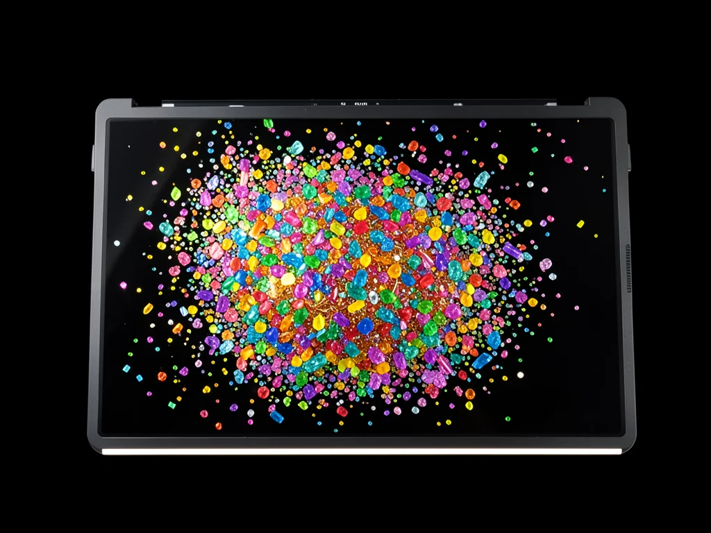 Flatbed scan of rainbow confetti and glitter, detailed, celebratory