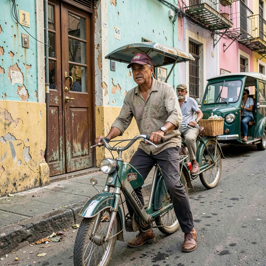 Havana preserved decay, improvised maintenance beauty, Bicycle taxi driver waiti