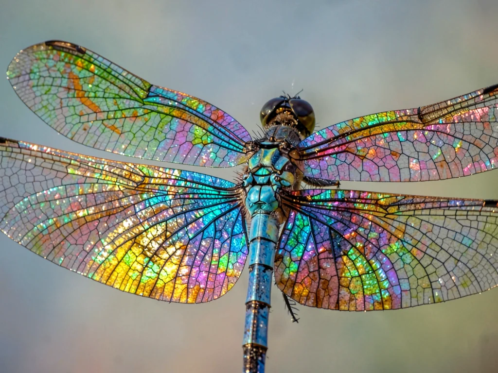 A dragonfly wing showing intricate network of veins, iridescence creating oil-sl