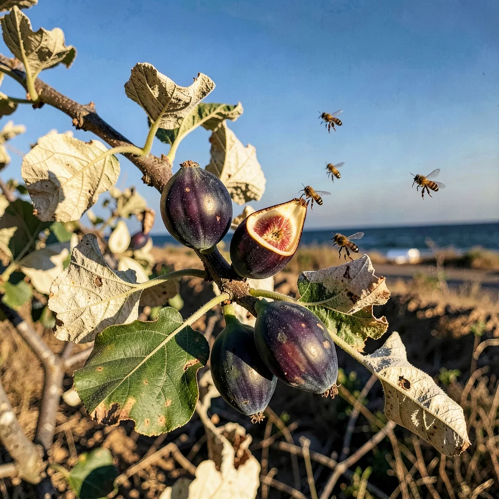 Mediterranean summer photograph, August dry heat, Figs splitting open on the bra