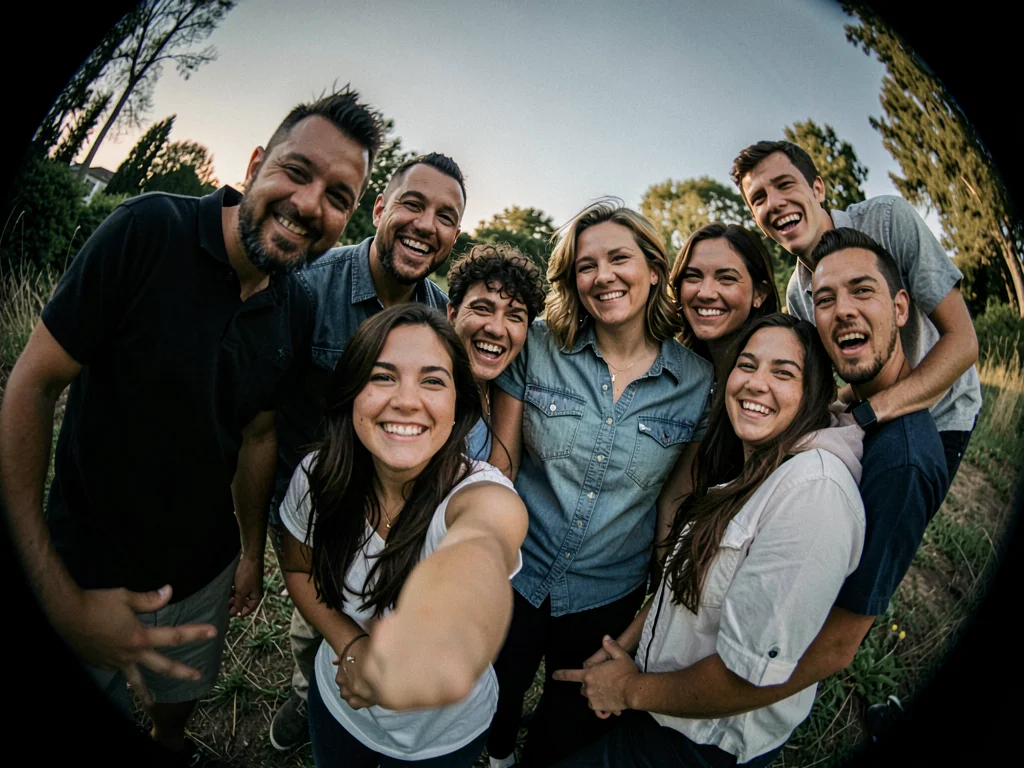 Family photo being taken, photographer's perspective showing the forced smiles f
