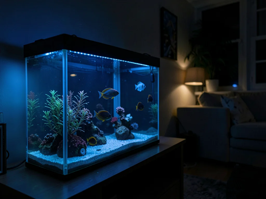 Home aquarium glowing blue in dark living room, fish silhouettes drifting, the t