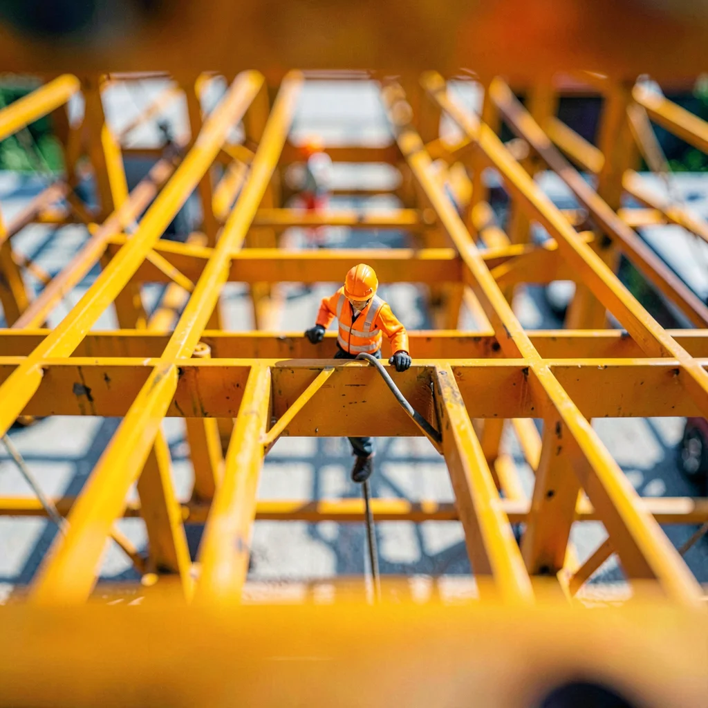 Girder tilt-shift photograph from a sister-crane angle, saturated saffron beams 