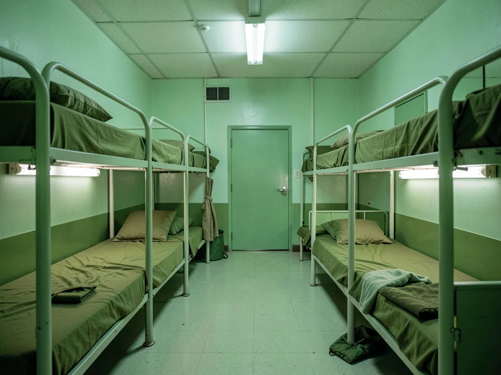 Military barracks interior, olive green bunks, institutional sleeping