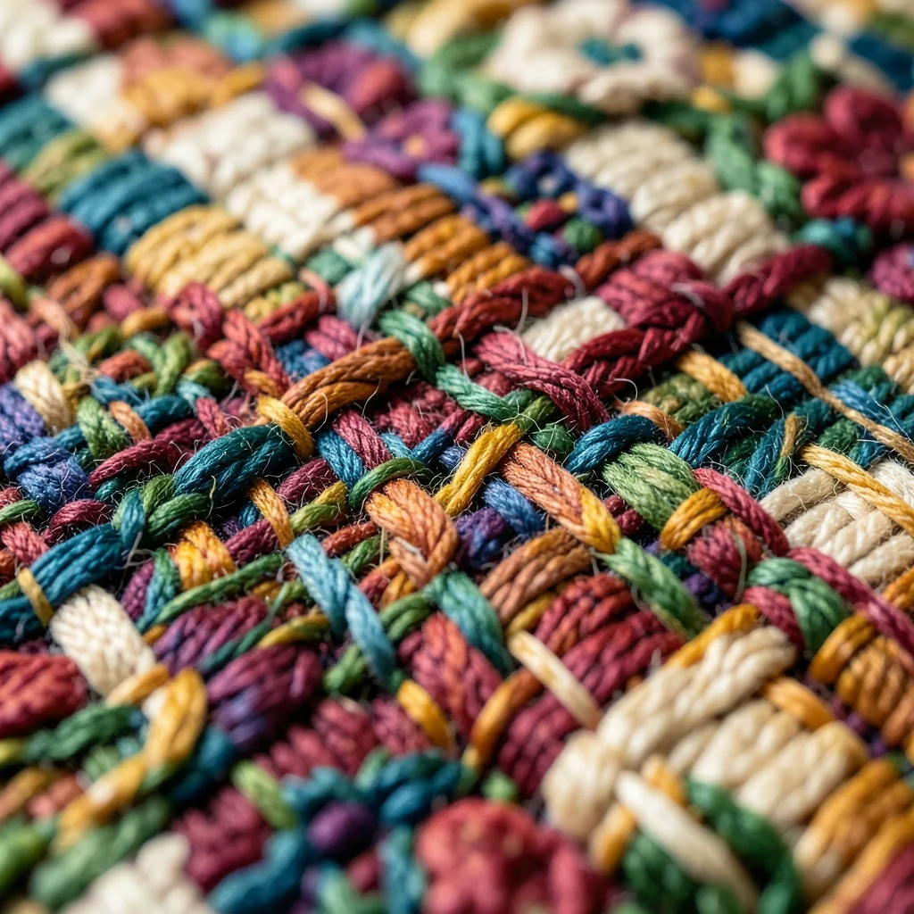 Close-up of heirloom quilt with floral pattern, hand-stitched, worn with love