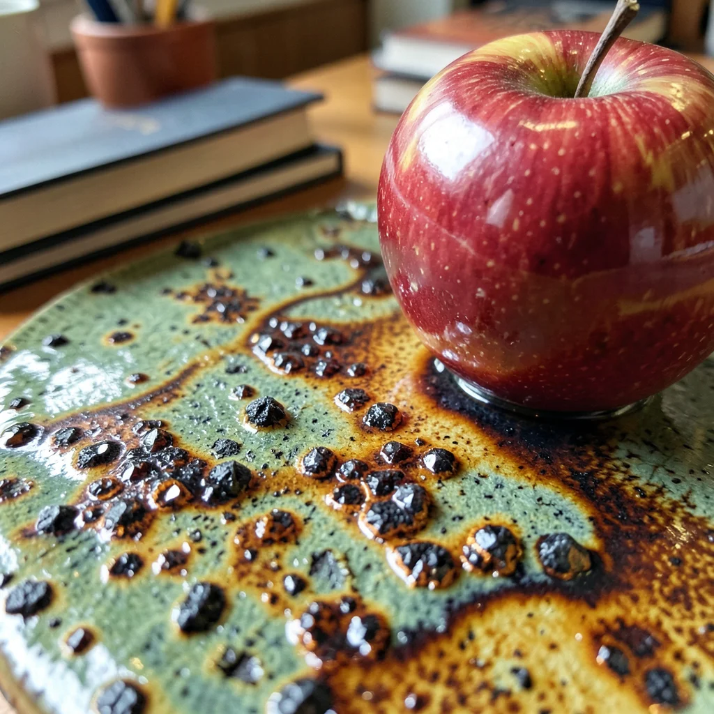 Ceramic apple with red glaze sitting on stack of books, teacher's desk