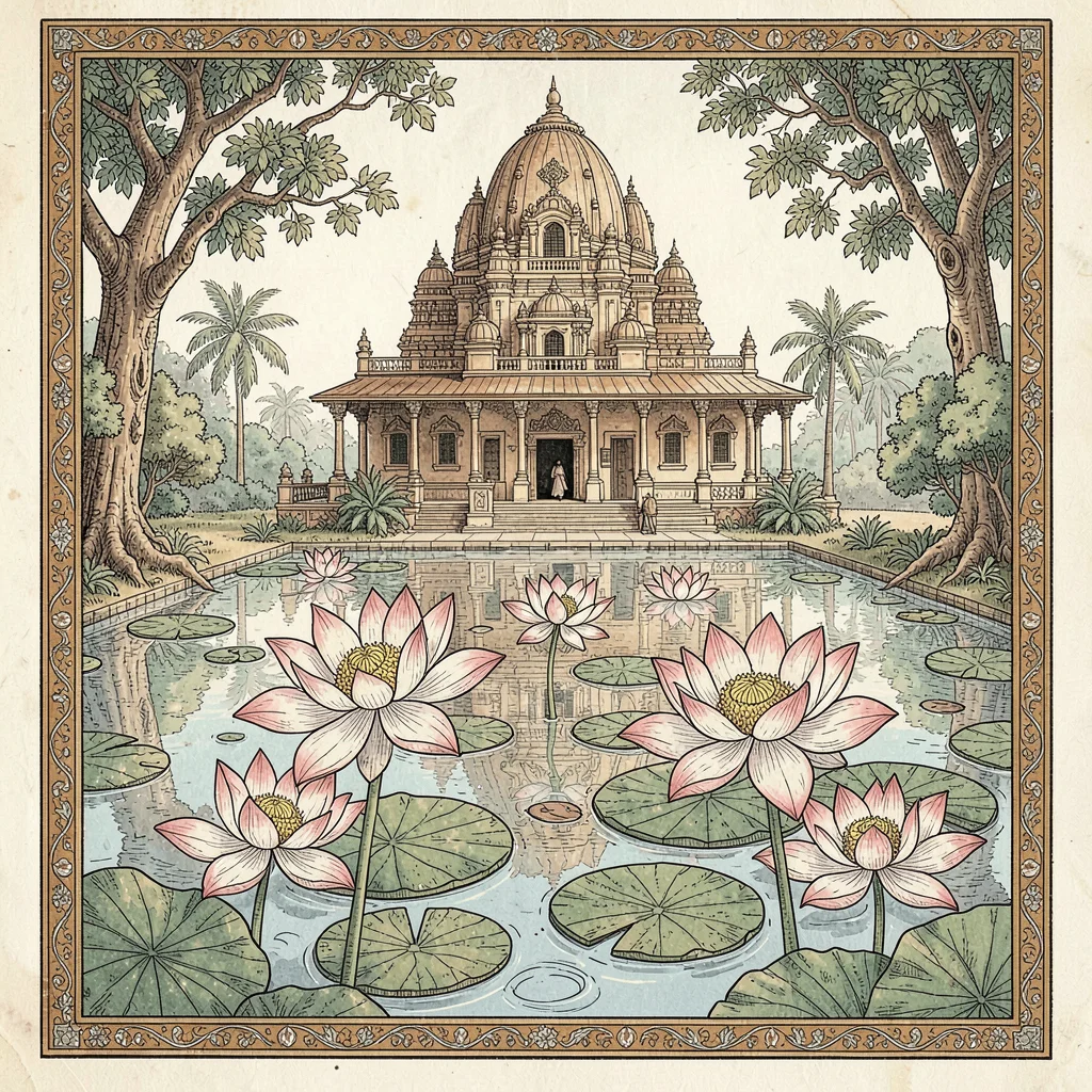 Kalamkari pen illustration, lotus flowers floating on temple pond waters , hand-