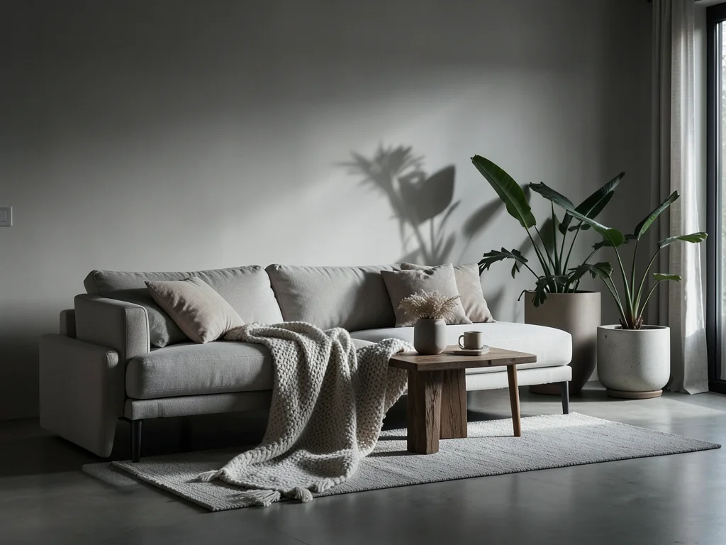 Minimalist Scandinavian living room with neutral tones, a wool throw, and potted