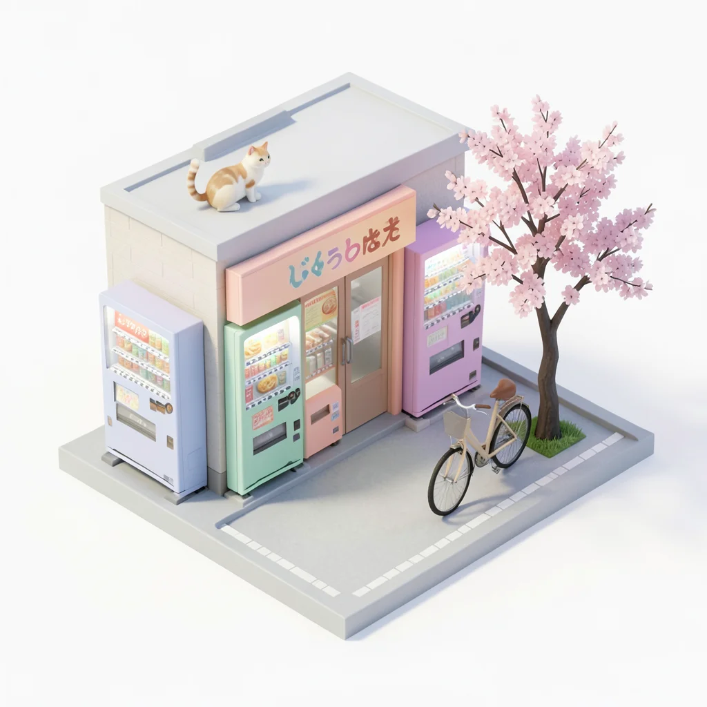 A tiny Japanese street scene: ramen shop, vending machines, a cat on a wall, che