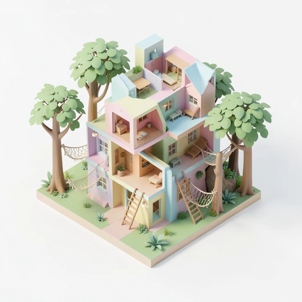 A cross-section of a treehouse: multiple rooms at different levels connected by 