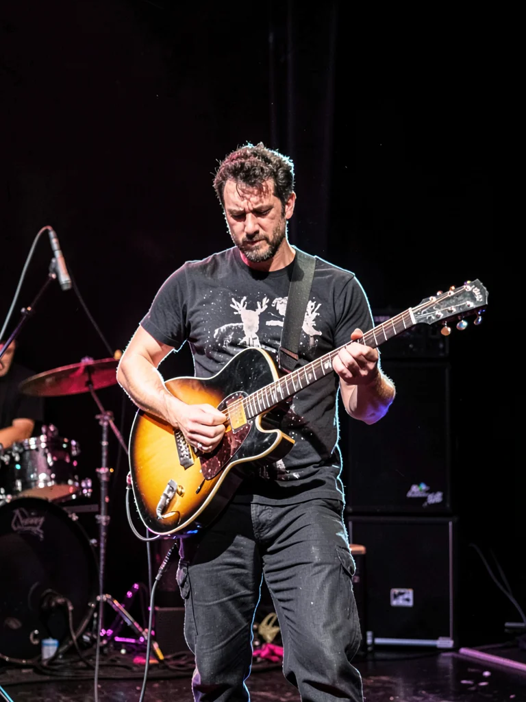 Guitarist on stage, rim outlining figure