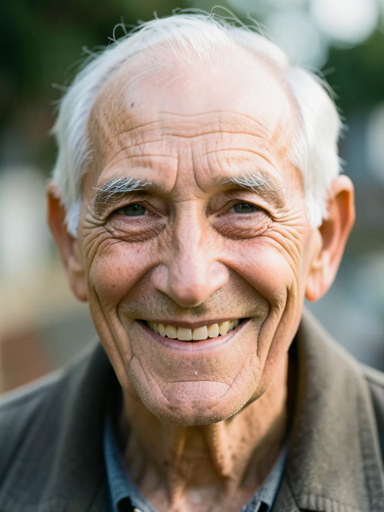 Close-up portrait of an elderly man with deep smile lines and kind eyes