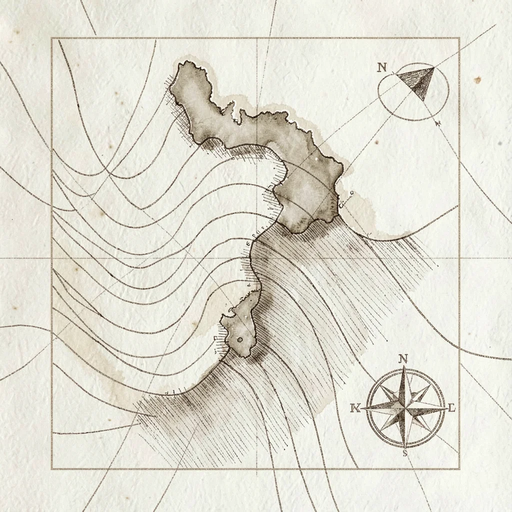 Hand-drawn nautical chart of a fictional coastline with hatched depth lines and 