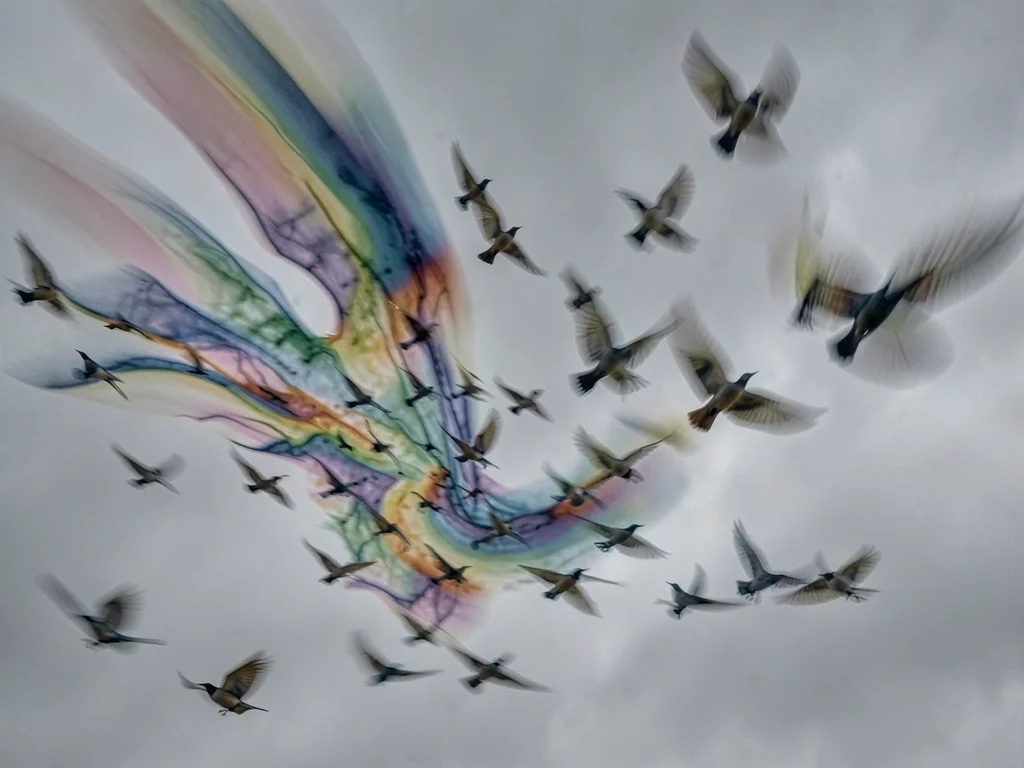 Flock of starlings murmuring into smeared organic patterns against grey sky