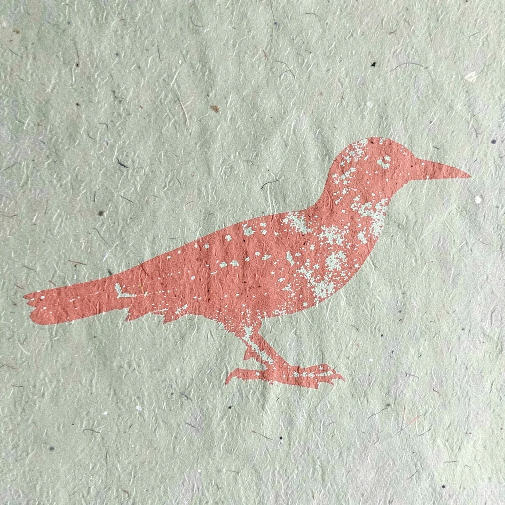 Two-color riso of a halftone seabird silhouette in coral over a sage paper field