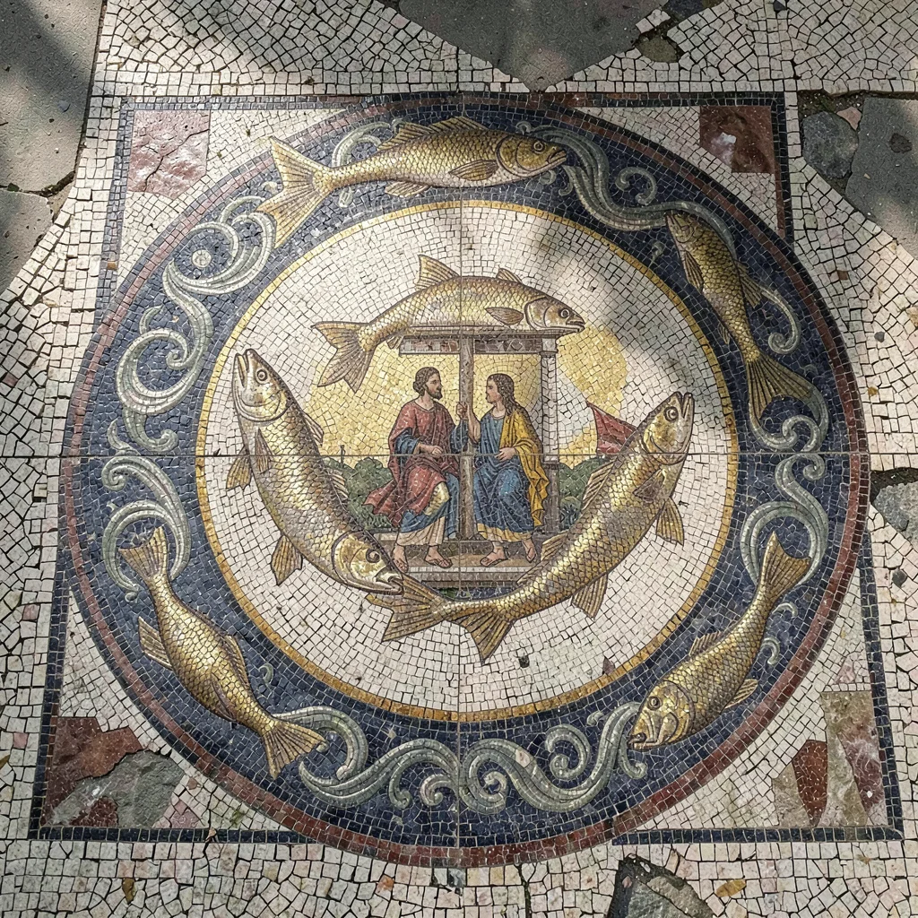 An aerial view of a Roman floor mosaic medallion — fish and wave border surround
