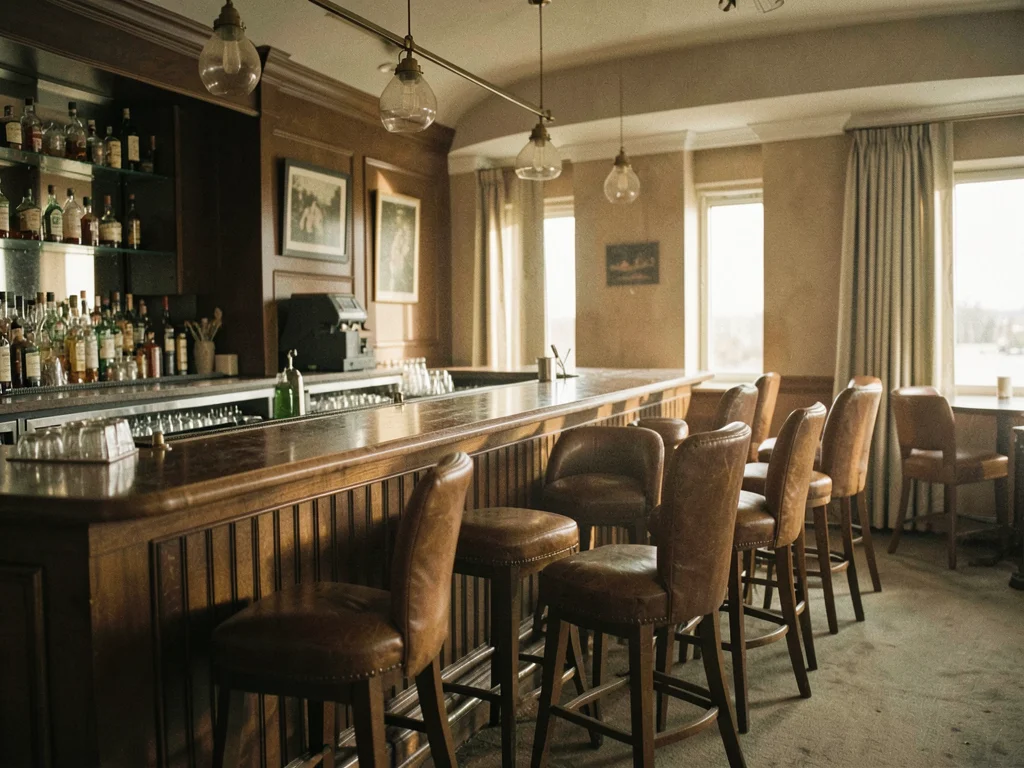 Empty hotel bar at 3pm, leather seats waiting, afternoon light making everything