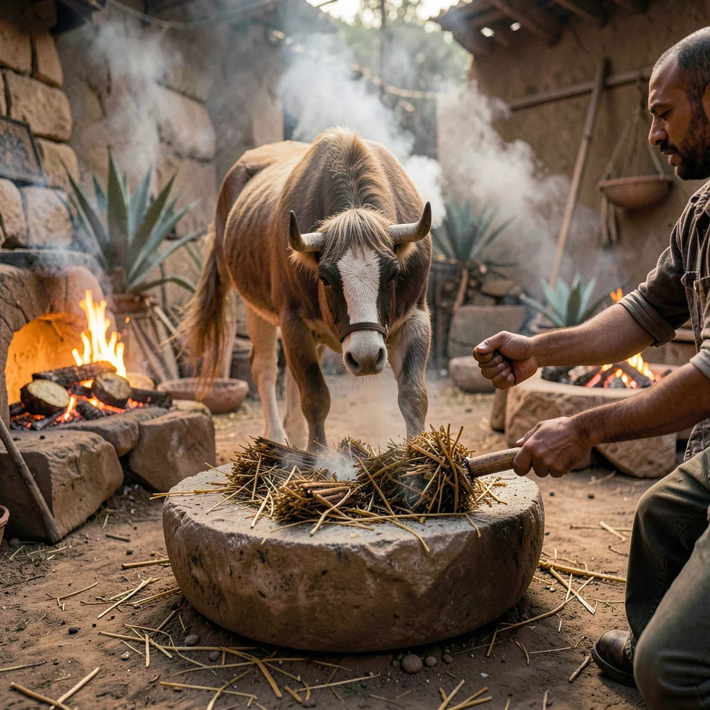 Oaxacan mezcal process, palenque atmosphere, A mule walking in circles around a 