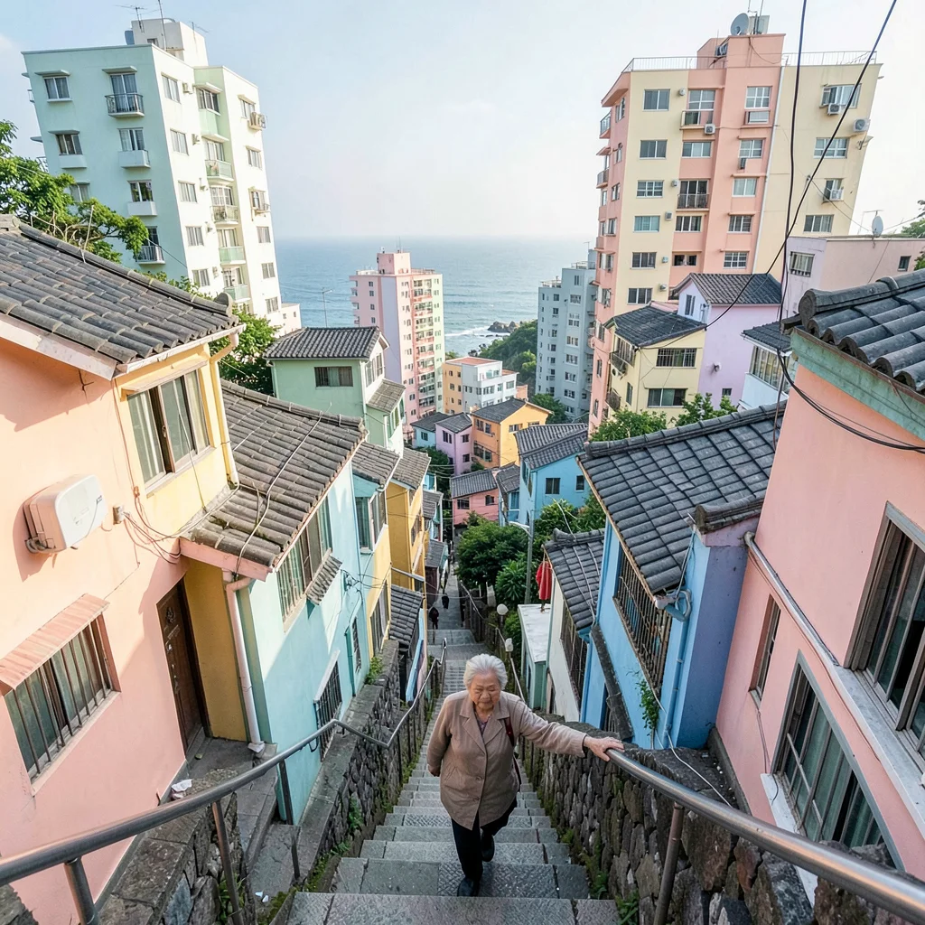 Busan vertical density, hillside village stacking, elderly woman climbing steep 
