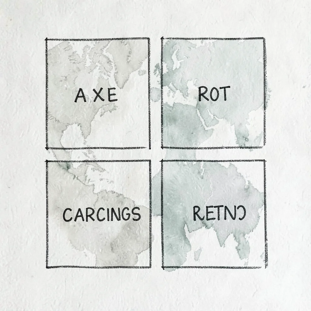 Hand-drawn diagram of a 2x2 strategy matrix with four labeled quadrants in muted